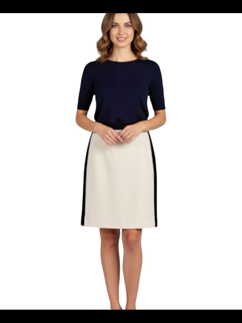 J. Crew Cream Wool Pencil Skirt with Black Side Stripes